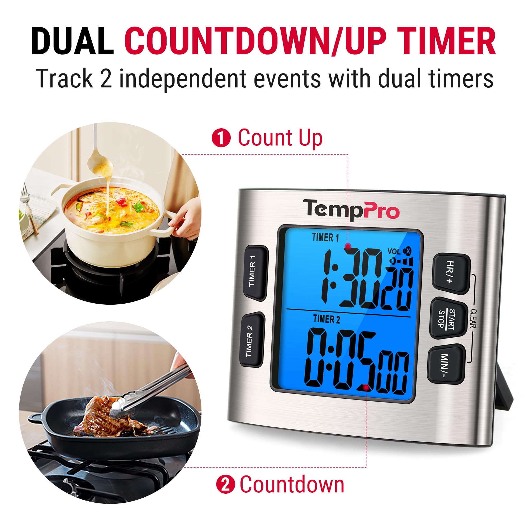 TempPro TM02 stainless-steel body for durable, stylish kitchen timing.