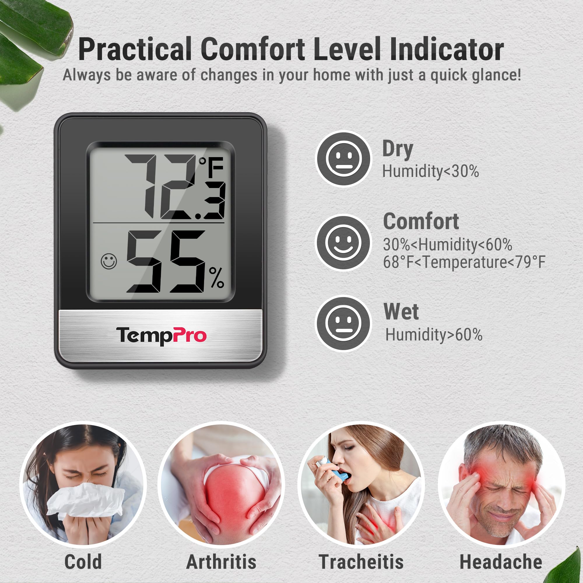 TempPro TP49 face comfort indicator shows dry, comfortable, or wet air.