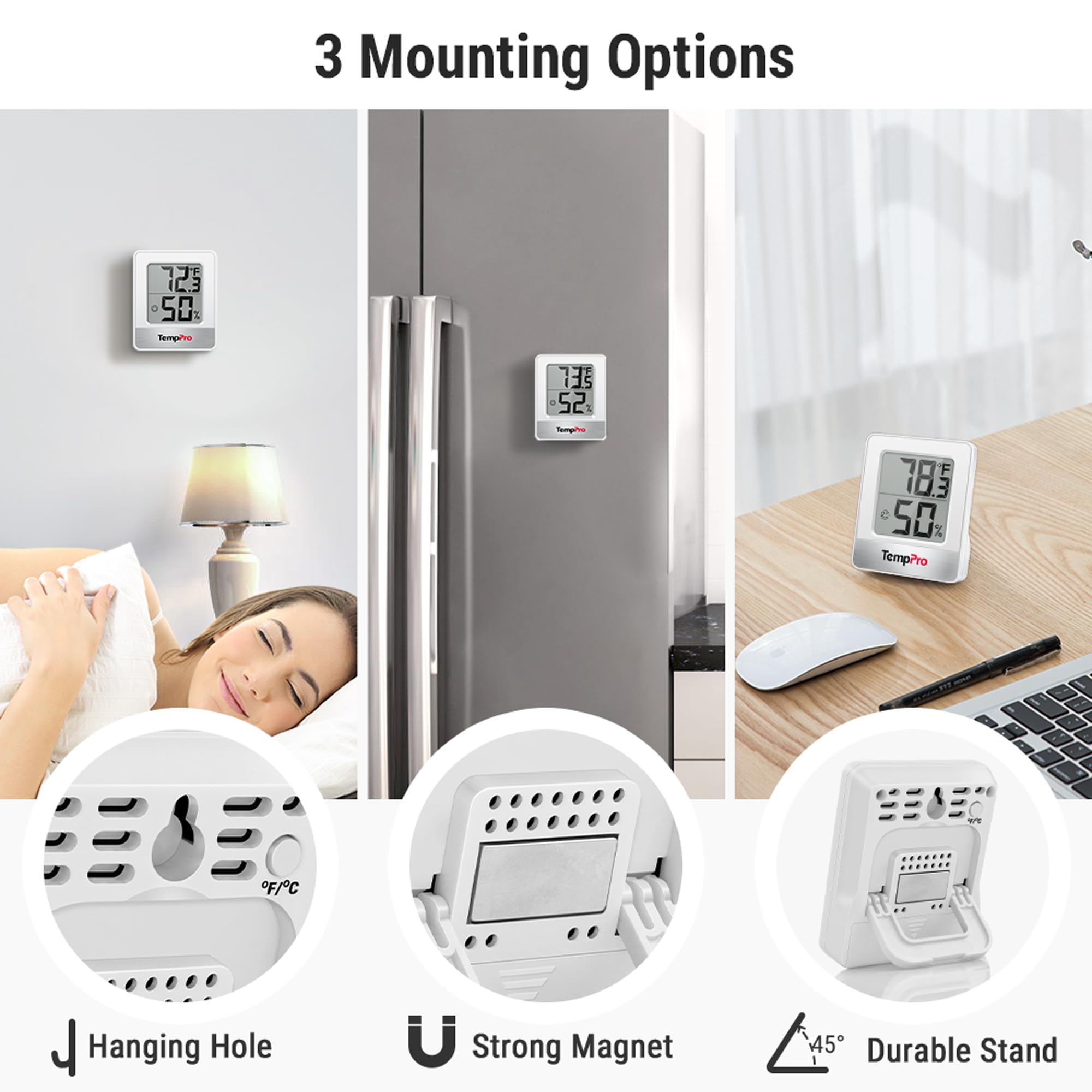 TempPro TP49 three placement options for flexible mounting and placement.