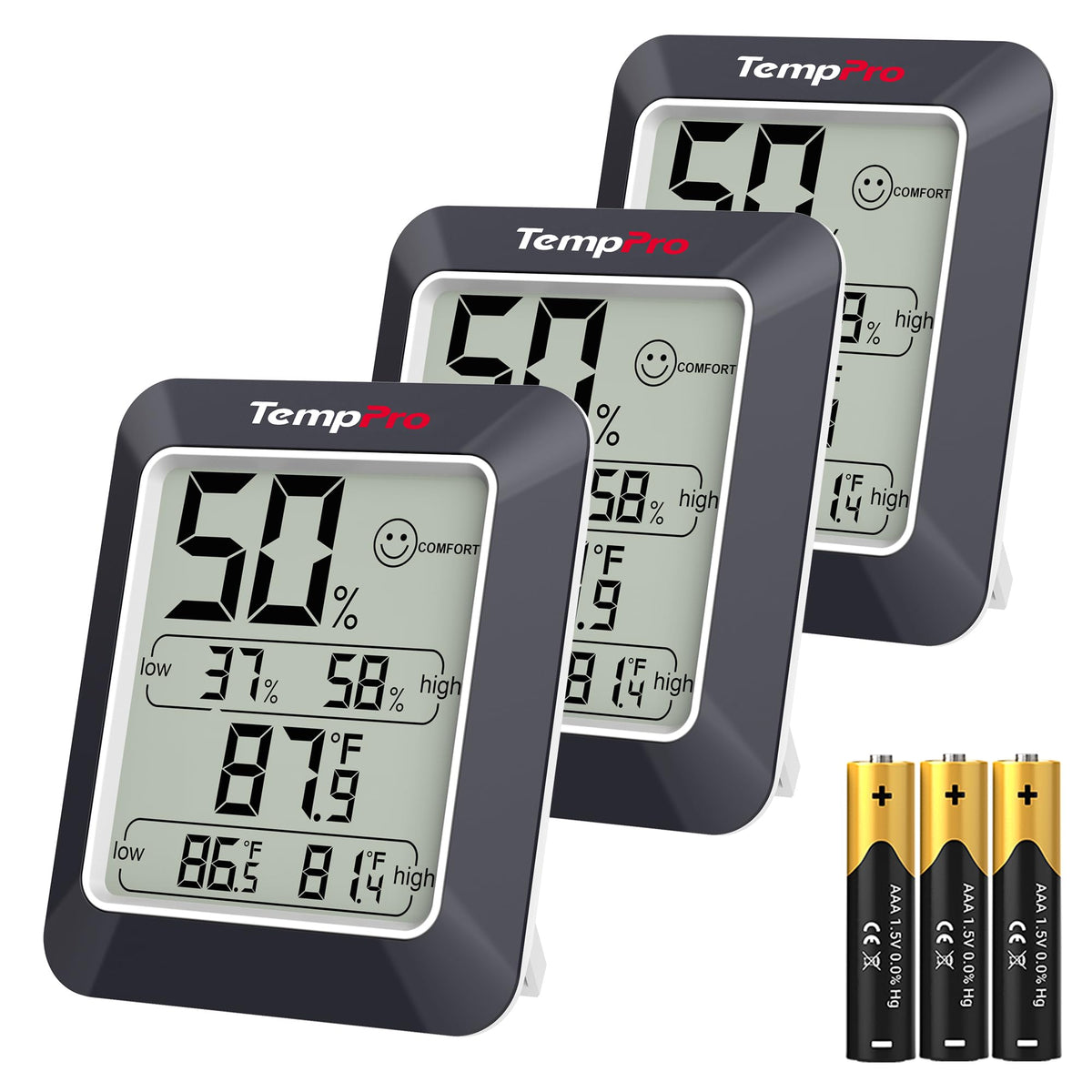TempPro TP50W hygrometer display shows quick temperature and humidity readings.