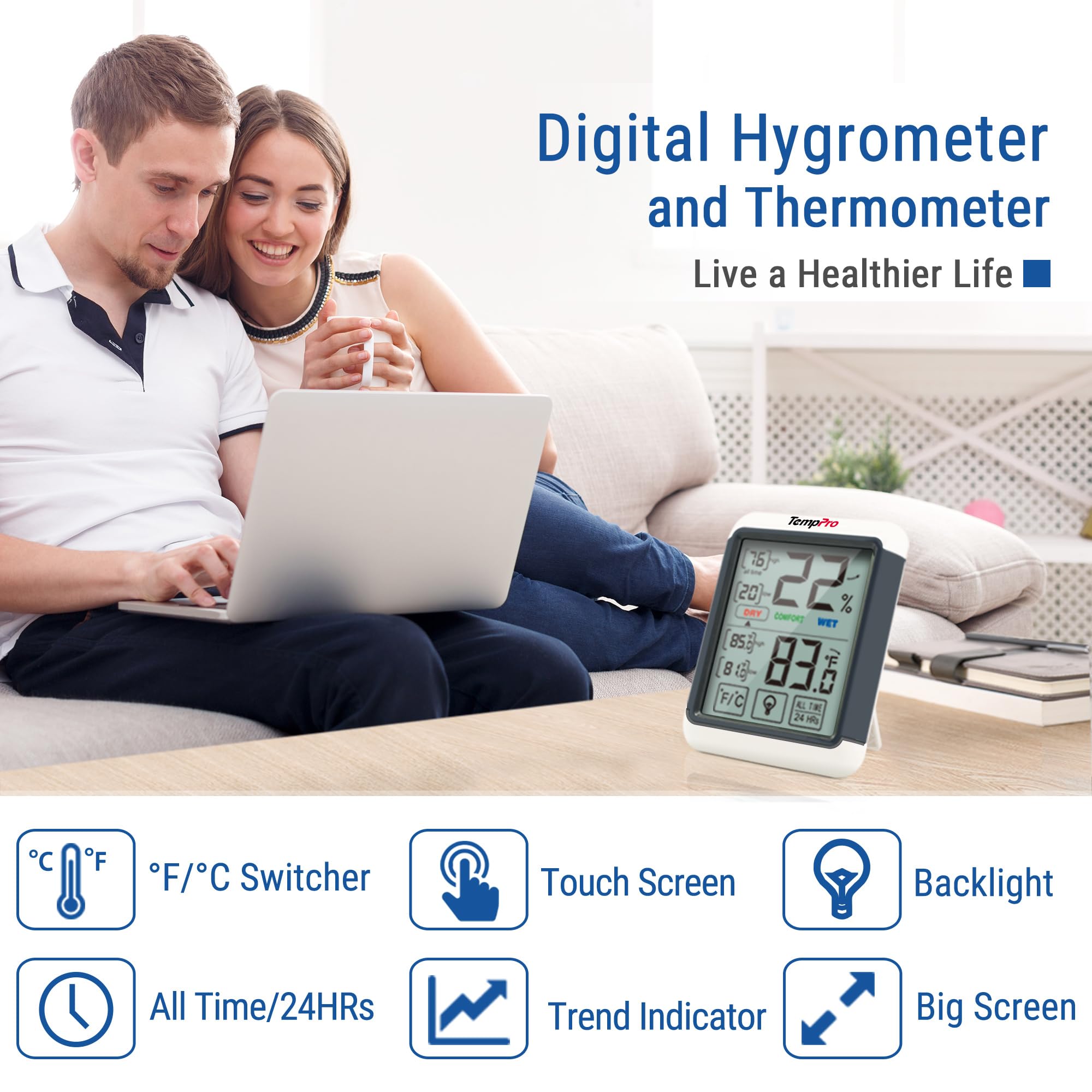 TempPro TP55 front touch buttons allow easy control without removing from the wall.