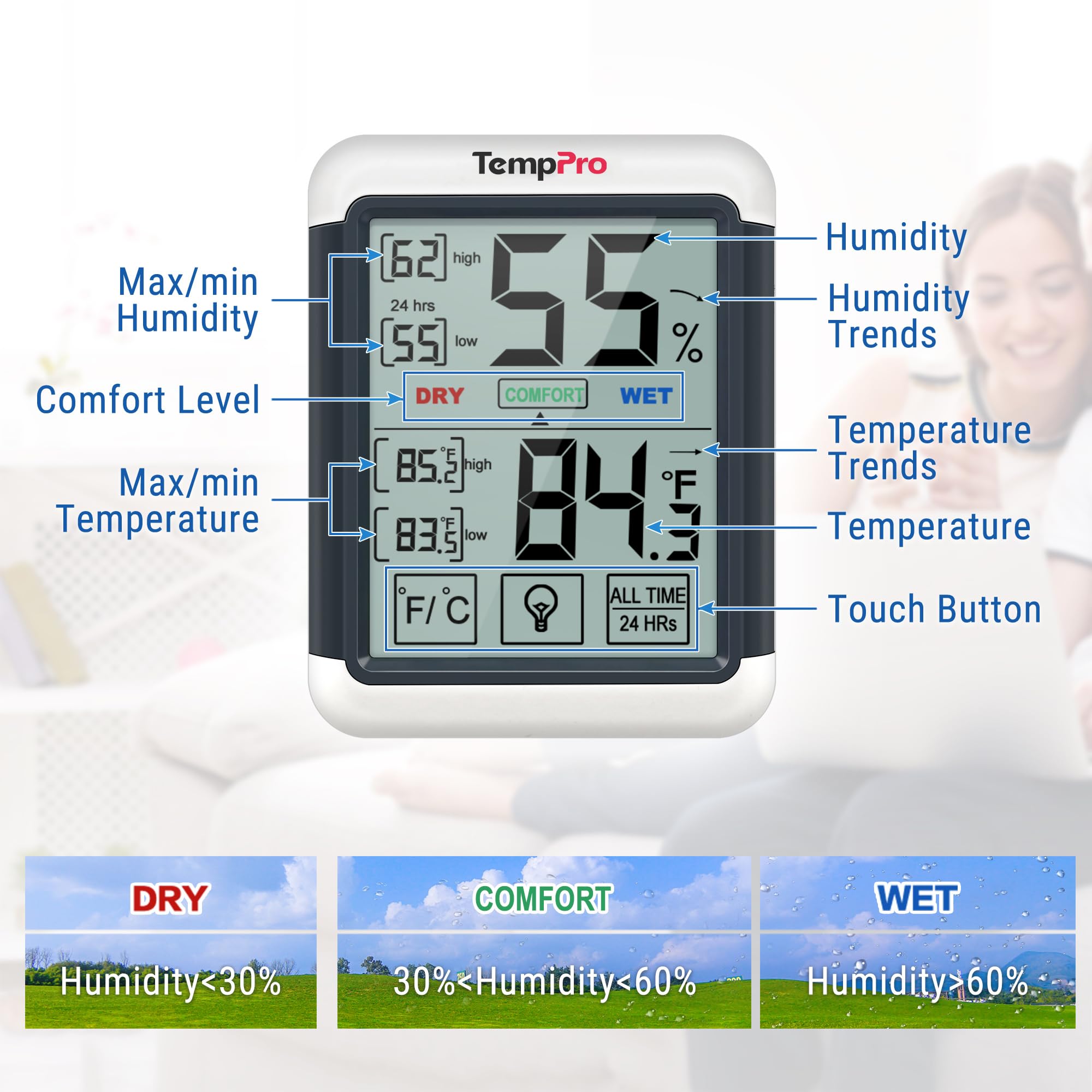 TempPro TP55 min/max records help you track environmental trends.