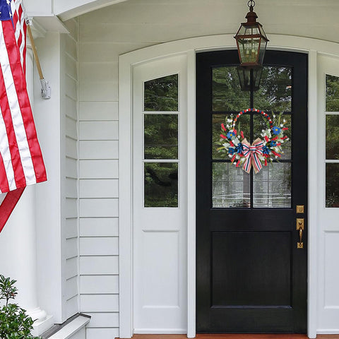 TEMPUS patriotic wreath displayed indoors creates festive ambiance on walls or mantels.