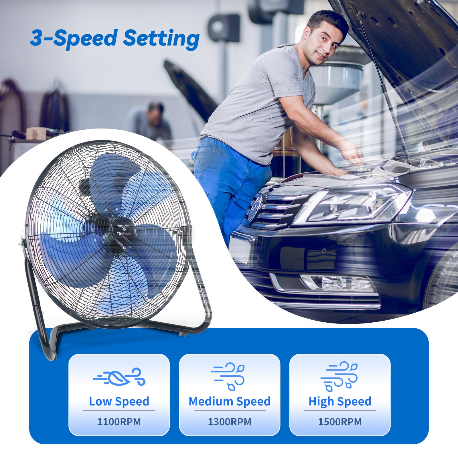 TEMPWARE industrial fan rear view showcasing sturdy metal cradle.