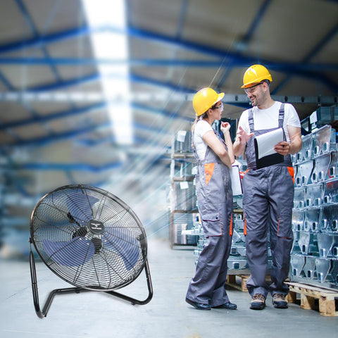 TEMPWARE heavy-duty shop fan with carry handle for portability.