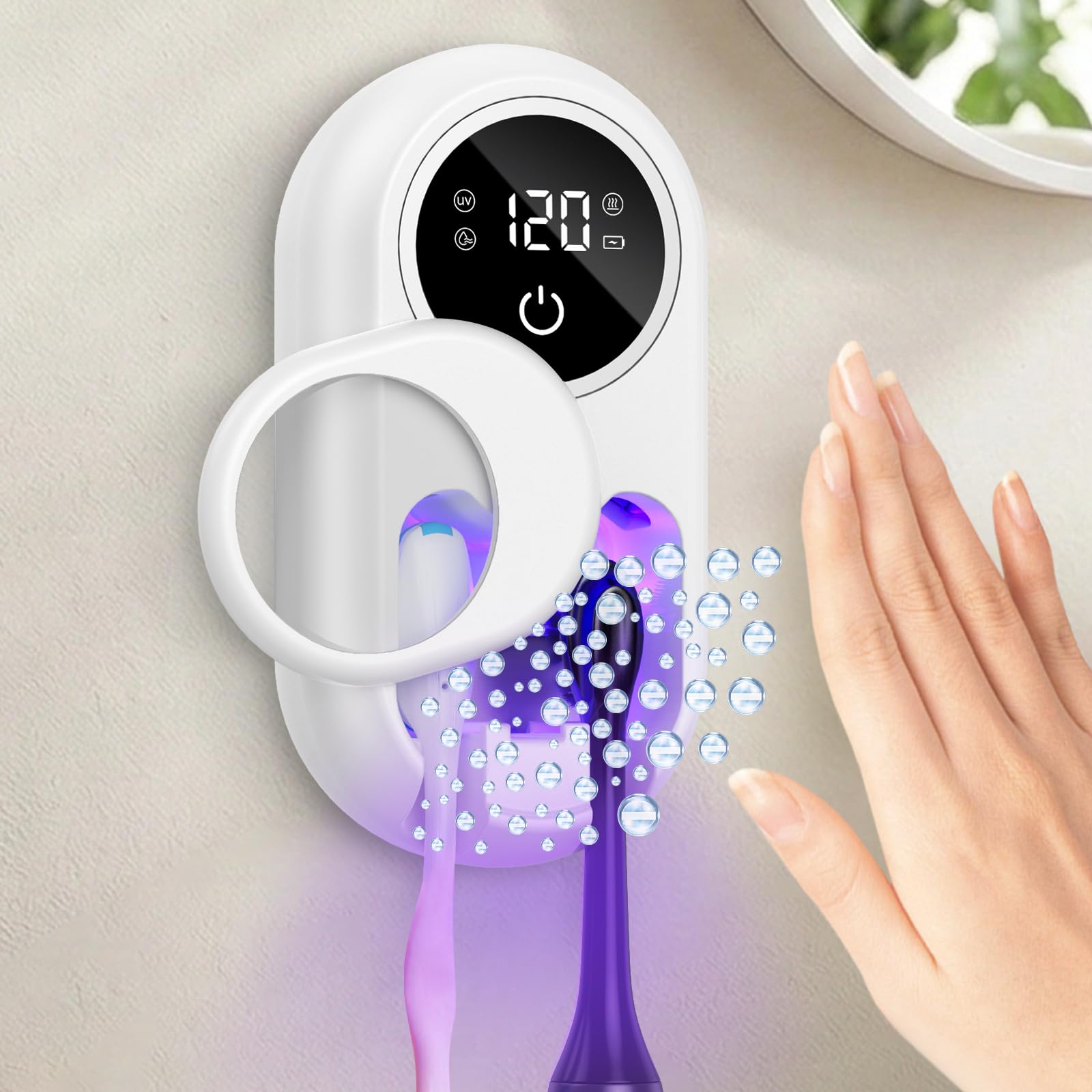 Temracha toothbrush sanitizer holder front view with dual mode cleaning and LED indicators.