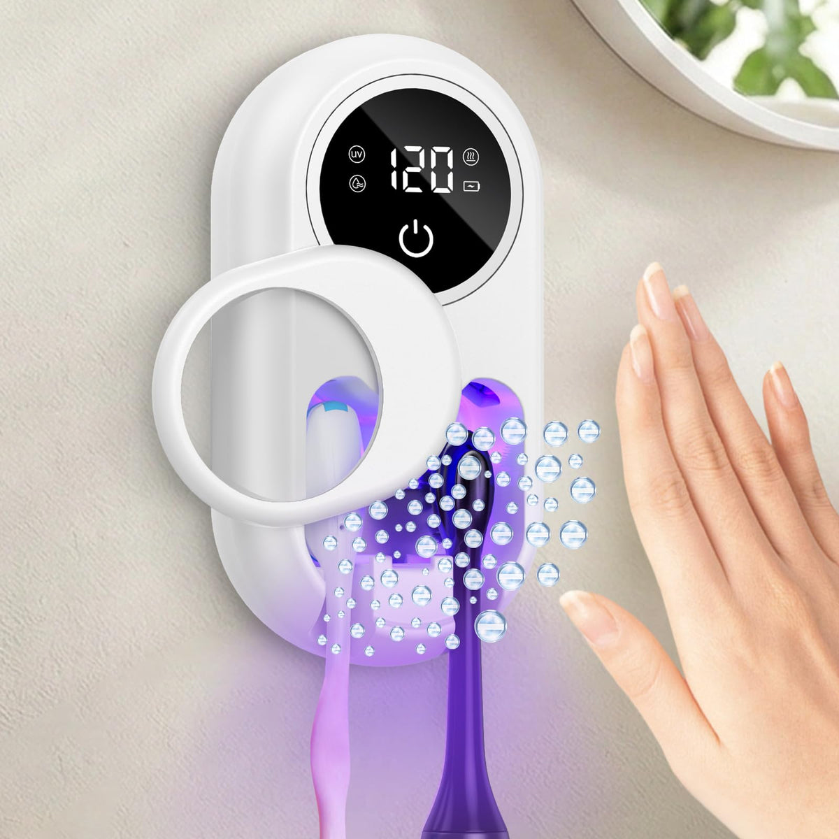 Temracha toothbrush sanitizer holder front view with dual mode cleaning and LED indicators.