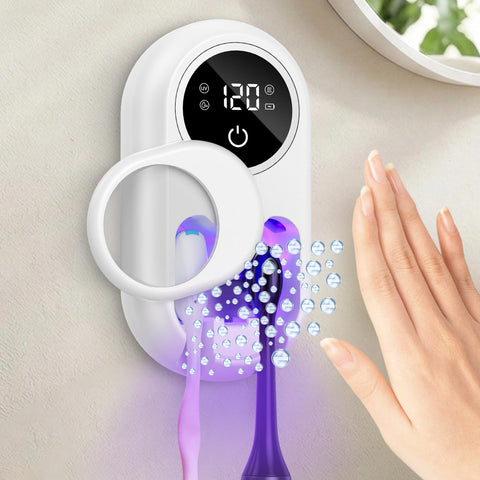Temracha toothbrush sanitizer holder front view with dual mode cleaning and LED indicators.