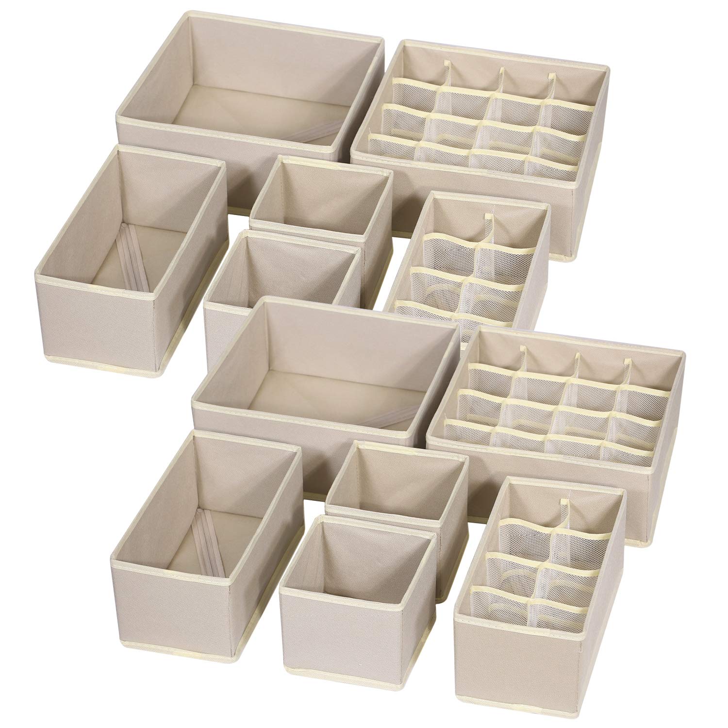 TENABORT 12-pack foldable drawer organizers in beige for a tidy closet and space-saving storage.