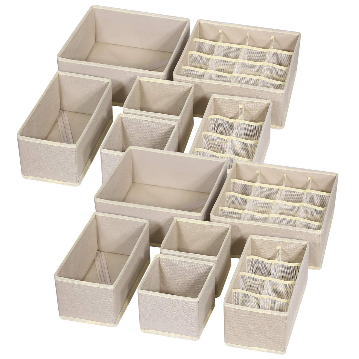 TENABORT 12-pack foldable drawer organizers in beige for a tidy closet and space-saving storage.
