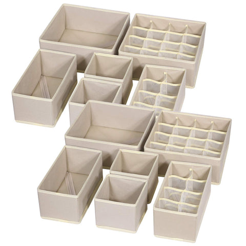 TENABORT 12-pack foldable drawer organizers in beige for a tidy closet and space-saving storage.