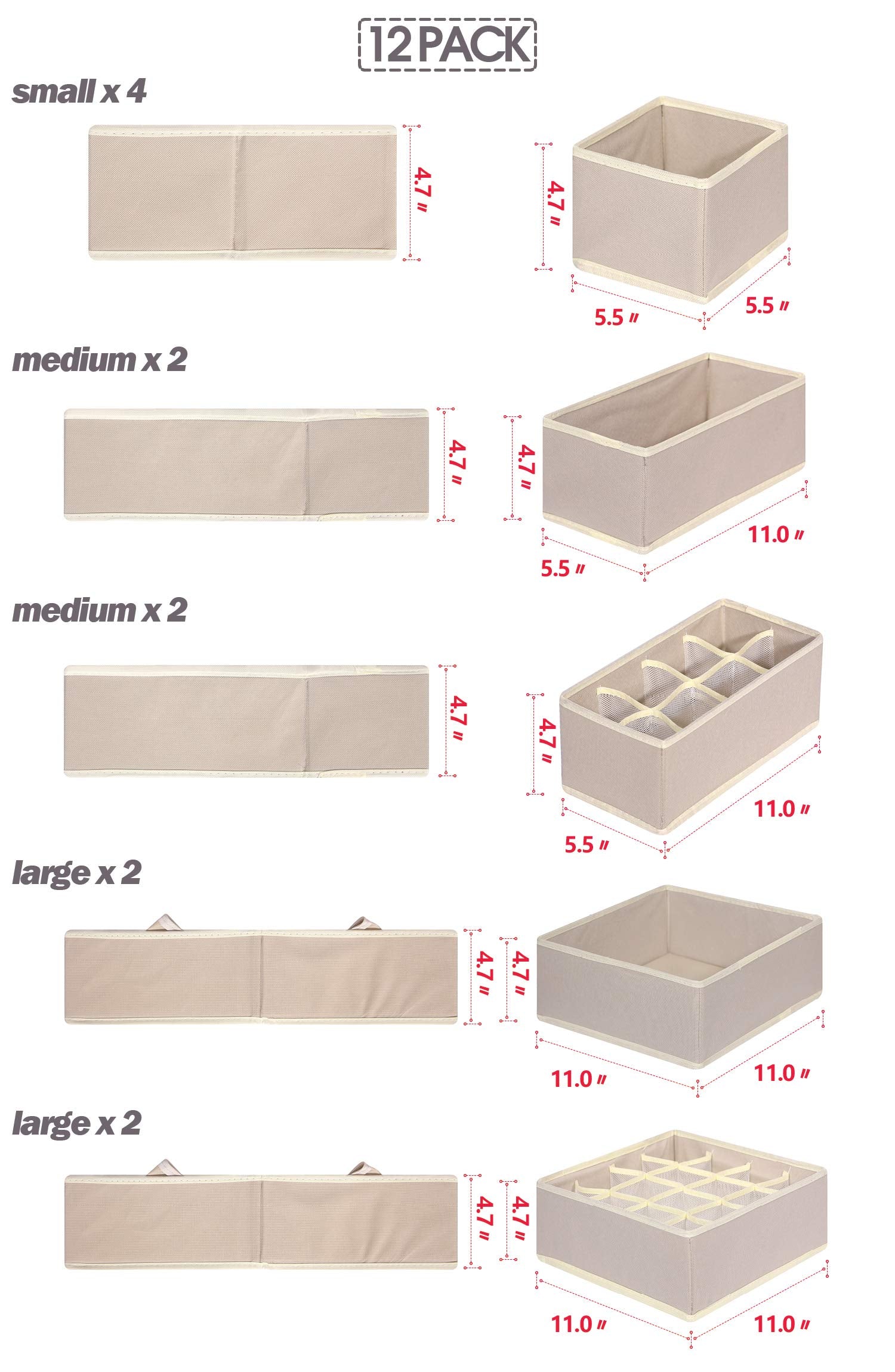 TENABORT beige collapsible bins in various sizes organize underwear, socks, and small items.