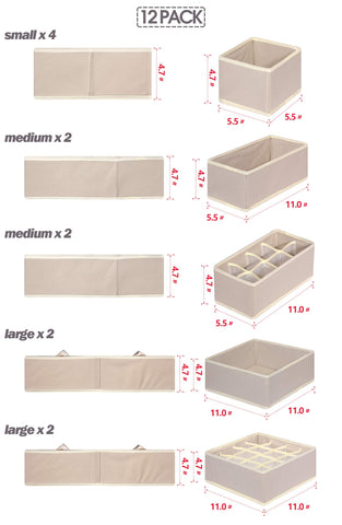 TENABORT beige collapsible bins in various sizes organize underwear, socks, and small items.