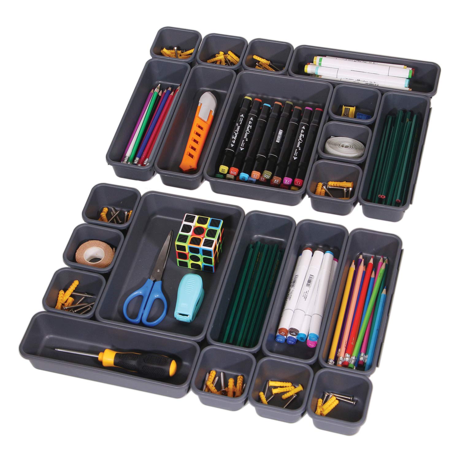 TENABORT large-bin-tray interlocking organizer keeps cosmetics neatly organized.