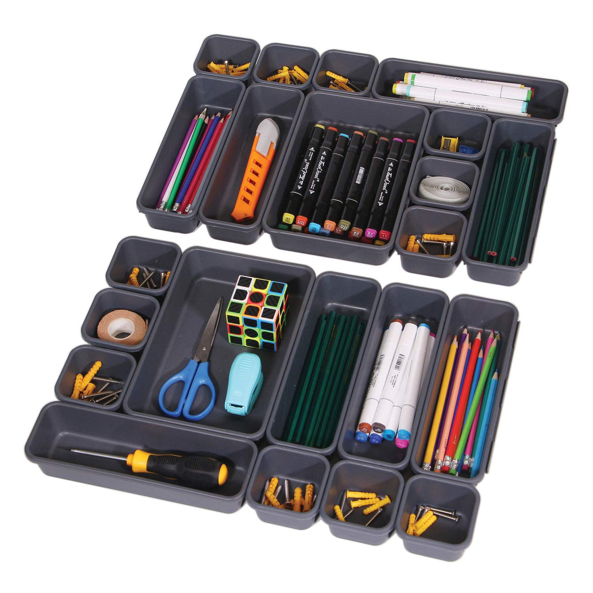 TENABORT large-bin-tray interlocking organizer keeps cosmetics neatly organized.