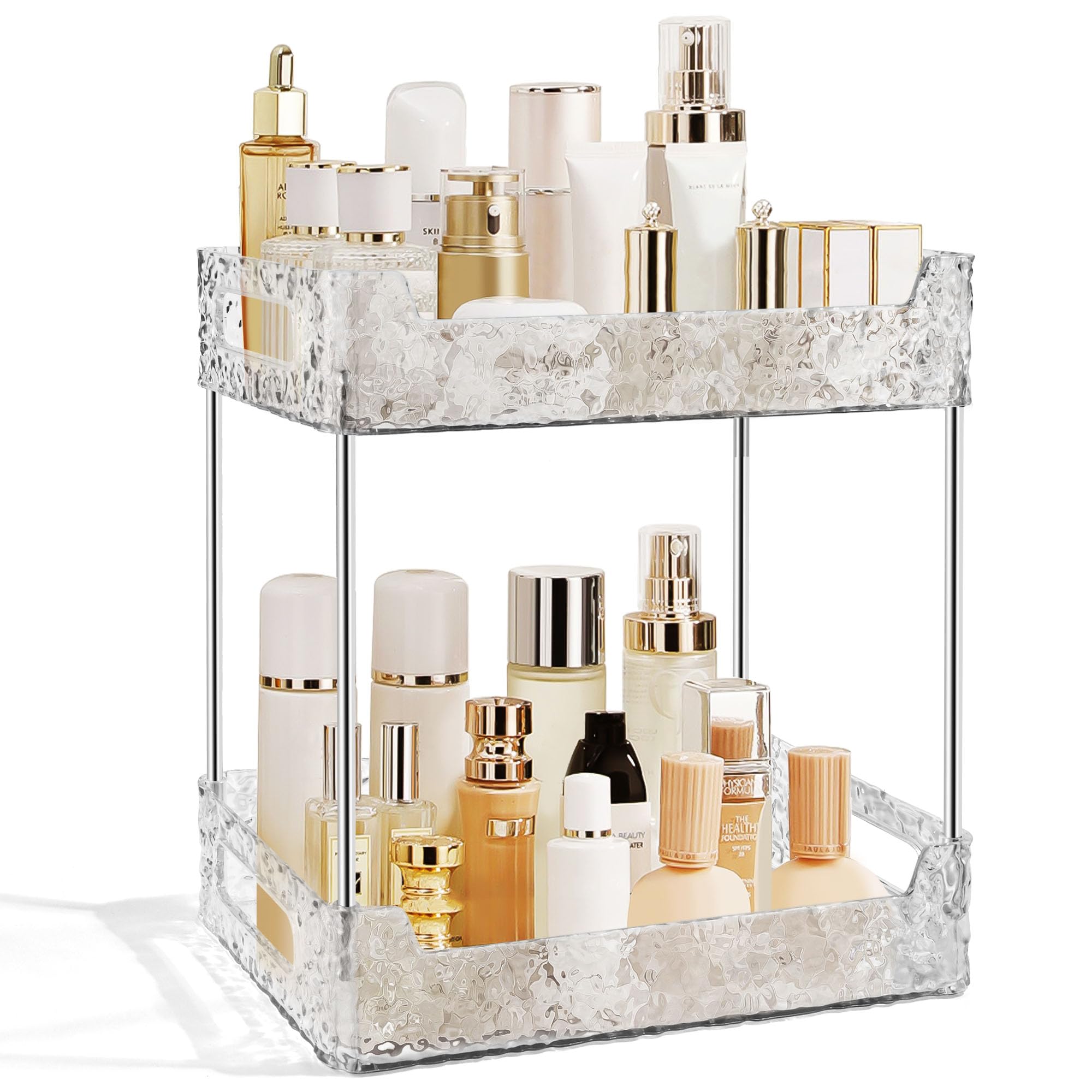 TENDER EPOCH 2-tier bathroom organizer maximizes counter space and keeps cosmetics accessible.