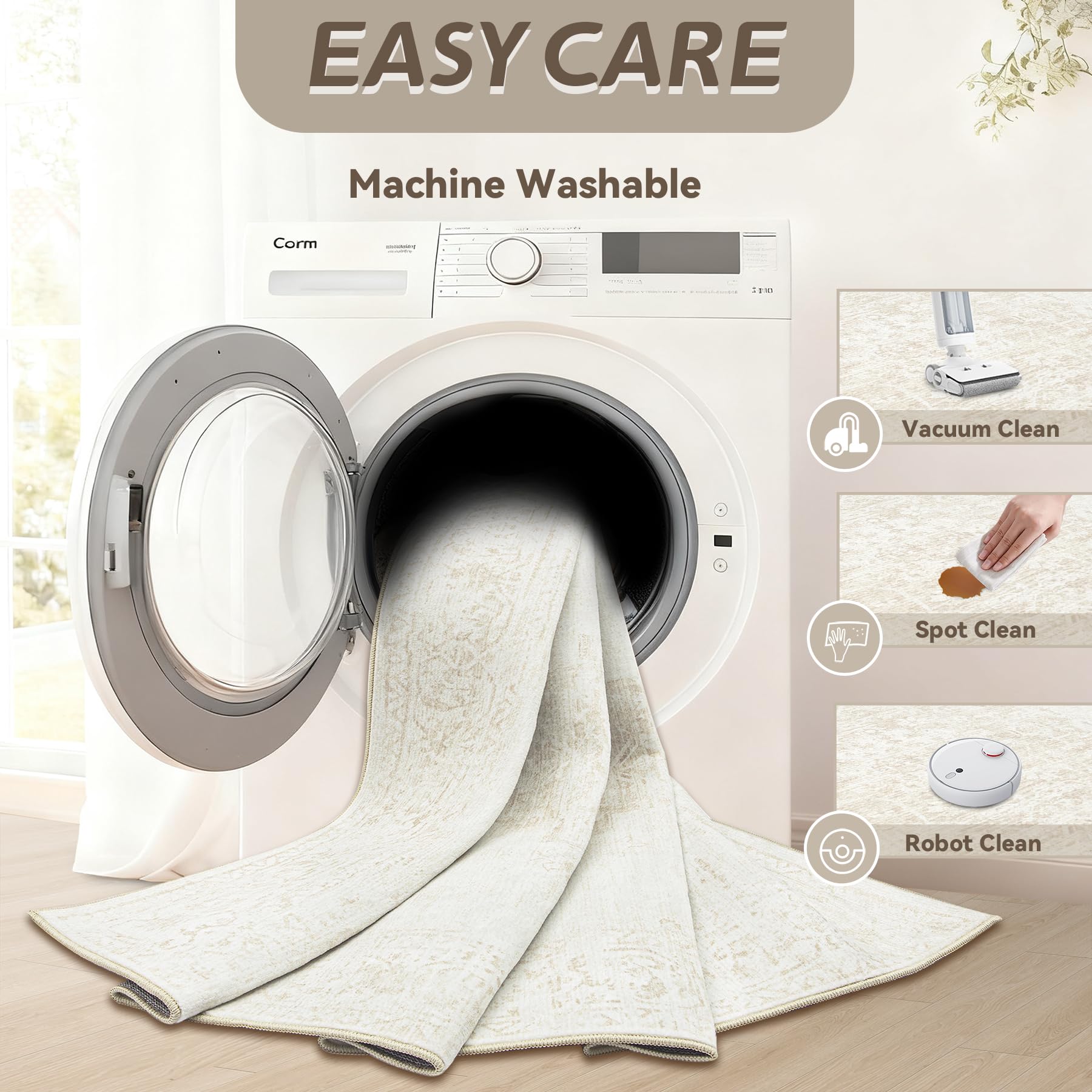 TENGTENGLINK rug with non-slip backing keeps in place on hard floors.