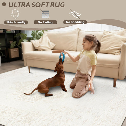 TENGTENGLINK beige low-pile rug providing soft foot comfort.