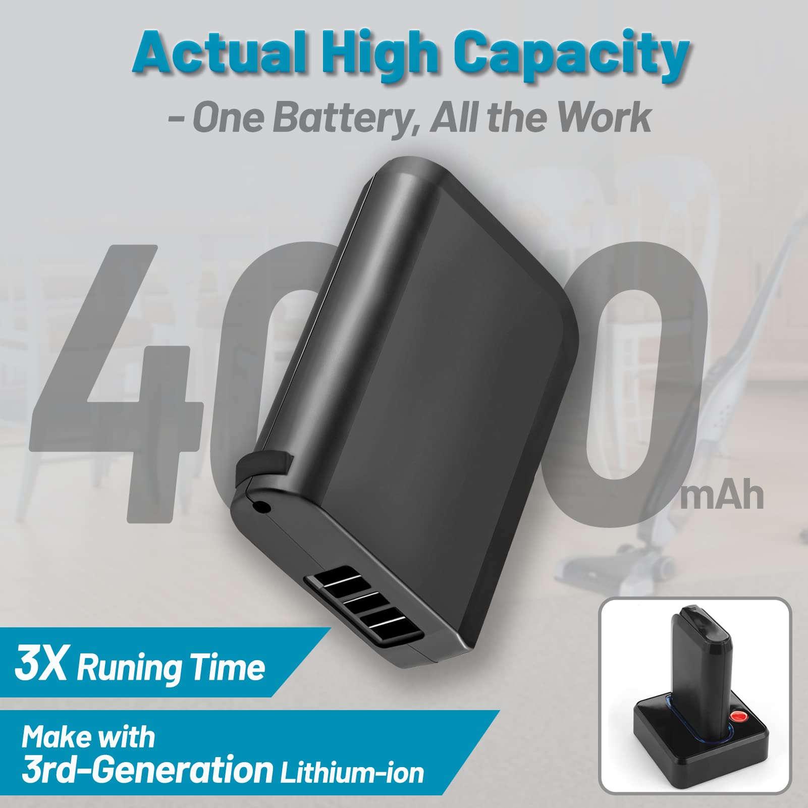 TenHutt 18V Li-Ion battery on charger highlights rapid charging capability.