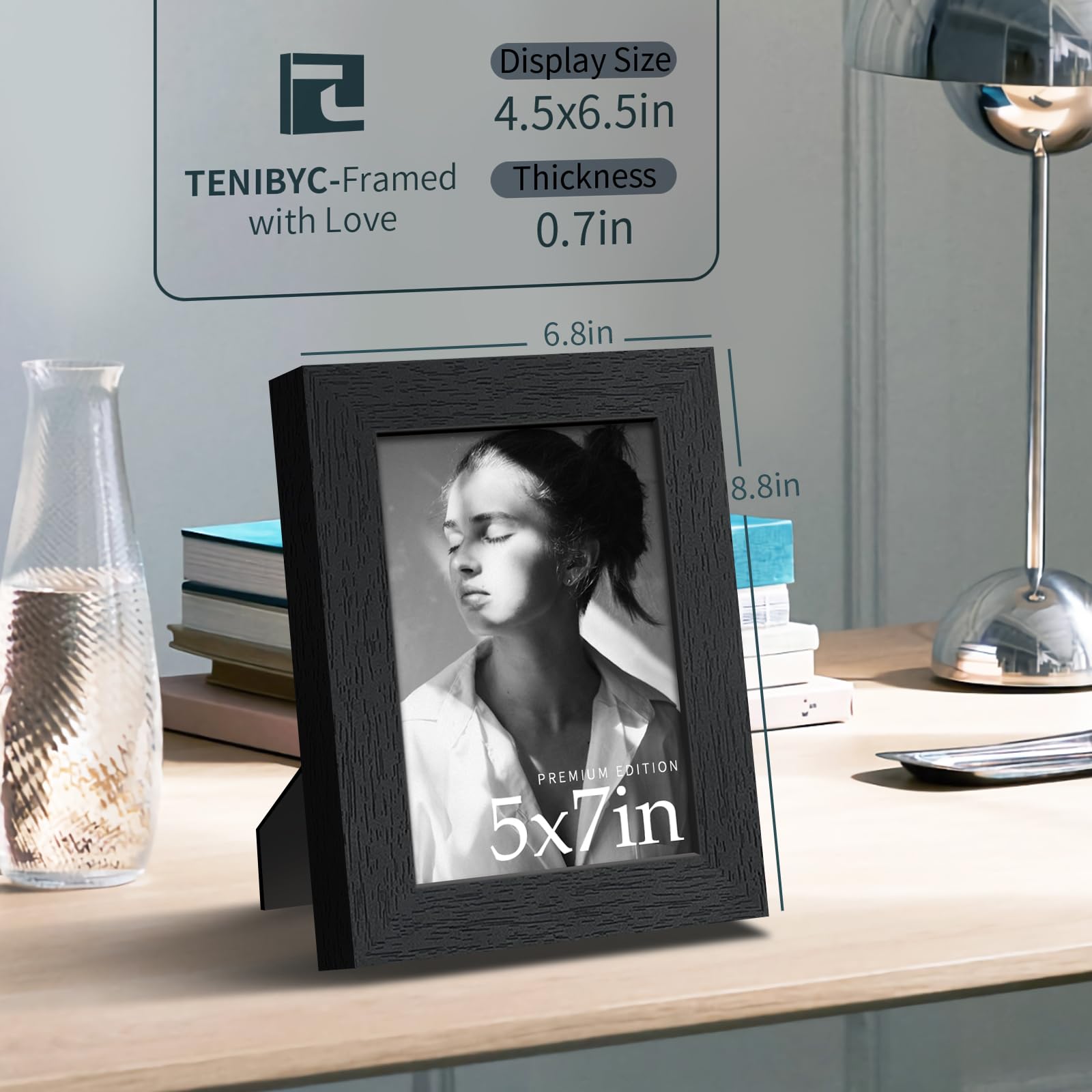 TENIBYC 5x7 tabletop frame ready for quick, convenient photo display.