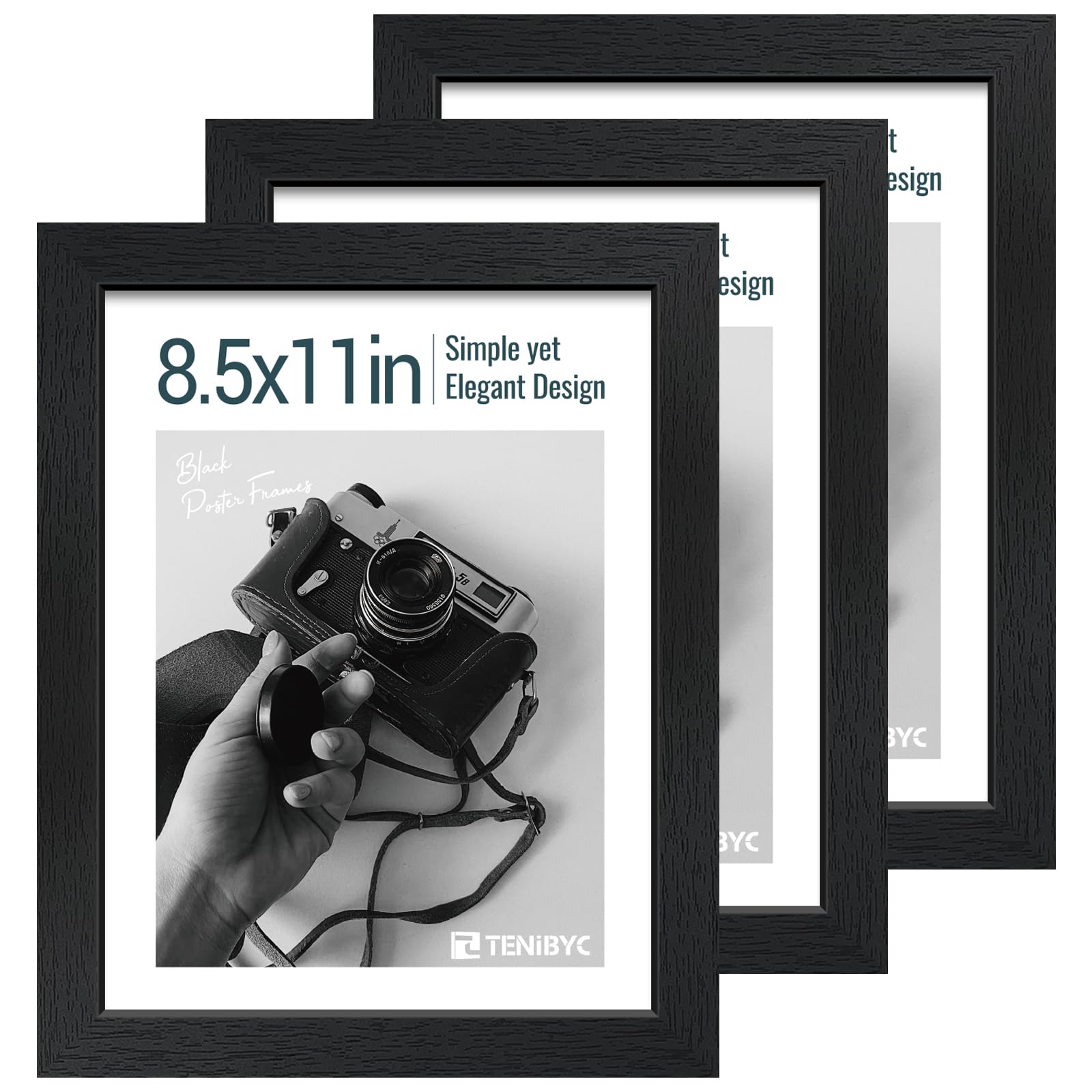 TENIBYC 8.5x11 frame set front view with sleek black woodgrain finish for versatile home display