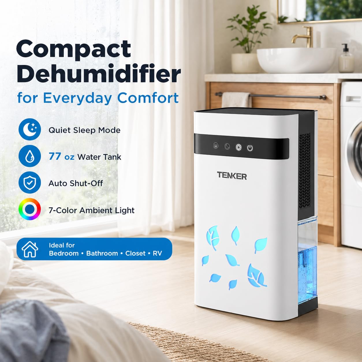 TENKER dehumidifier seven-color LED light creates ambient room mood