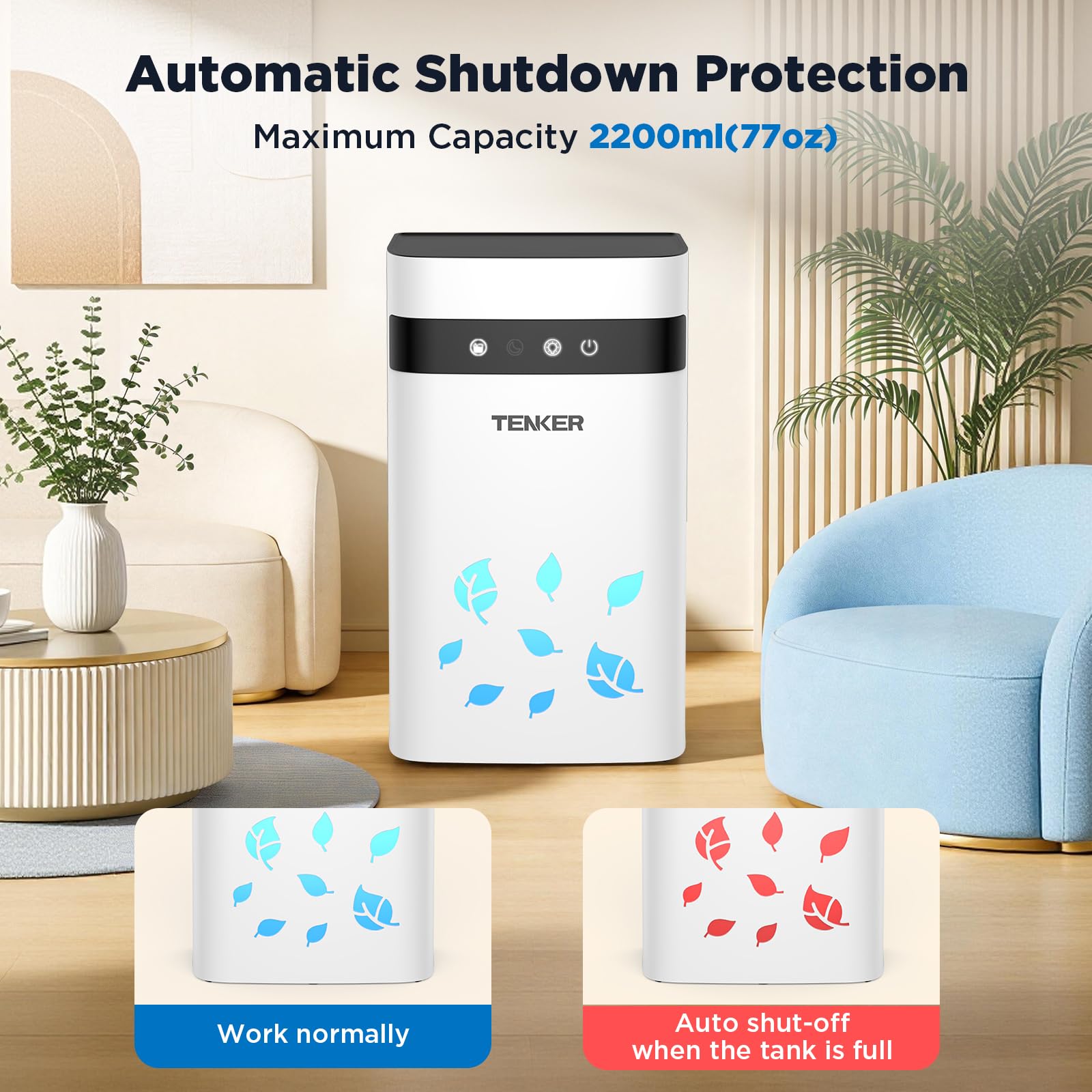 TENKER dehumidifier in bedroom showing color cycle lighting for relaxation
