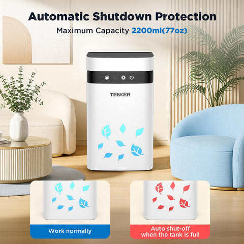 TENKER dehumidifier in bedroom showing color cycle lighting for relaxation