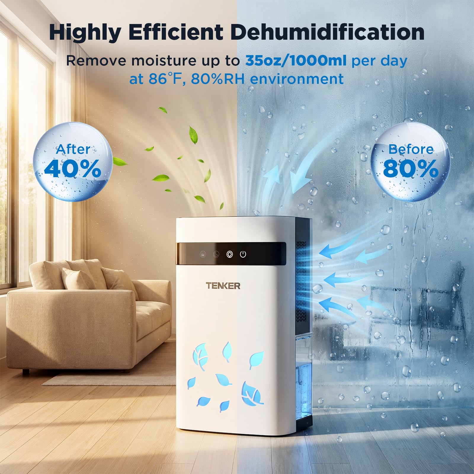 TENKER dehumidifier side view with ergonomic handle for easy relocation
