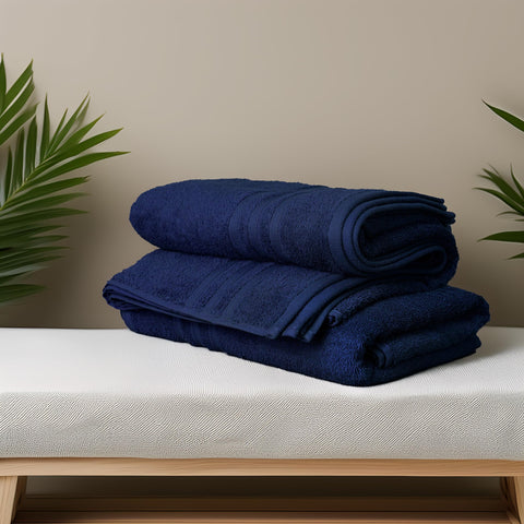 100% cotton Tens Towels navy bath towels shown in set
