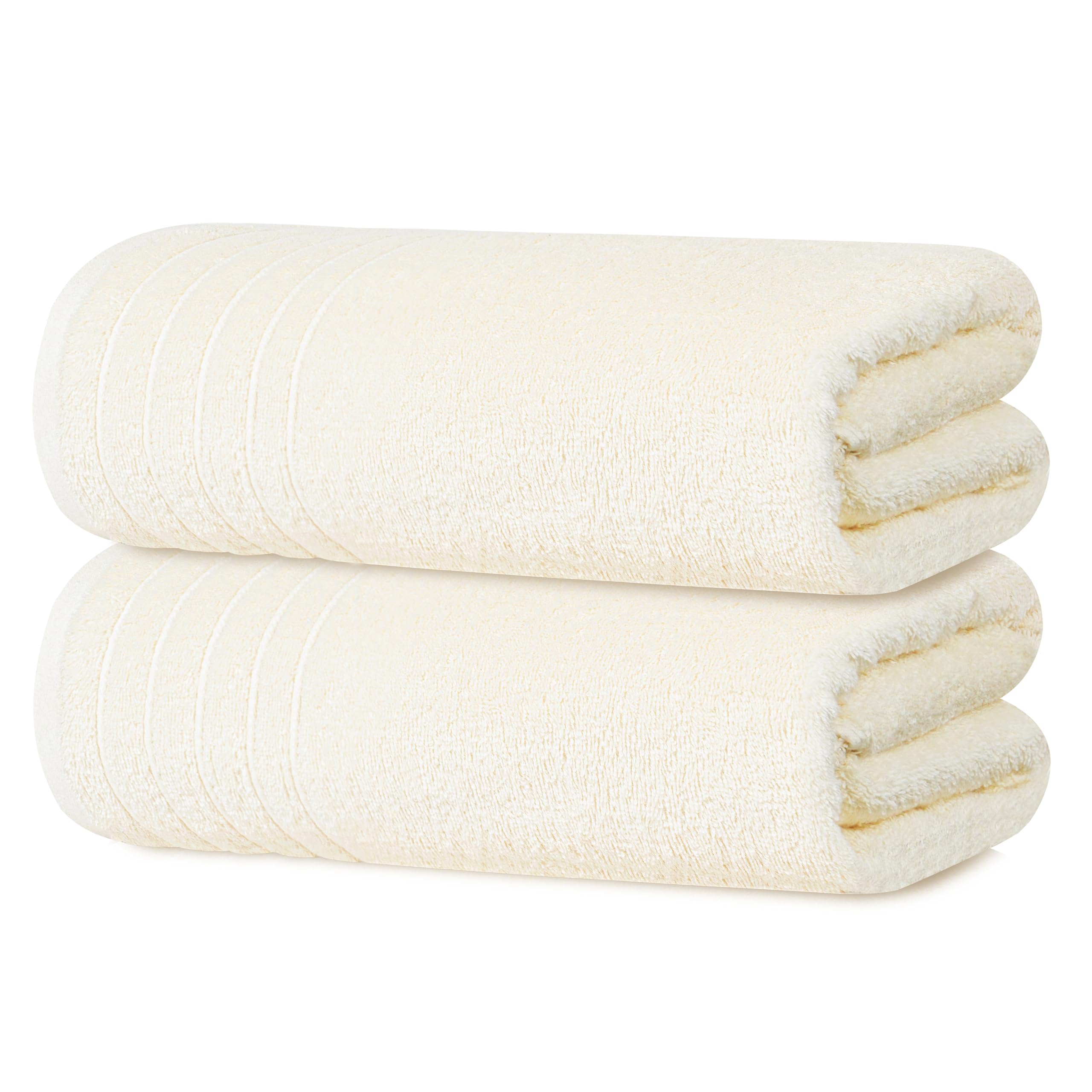 Tens Towels bath sheet cream rolled shows generous coverage and soft touch