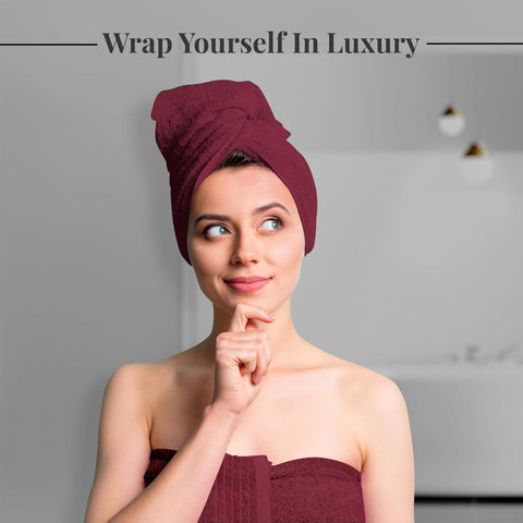 Tens Towels burgundy bath towel draped to show generous size and wrap comfort