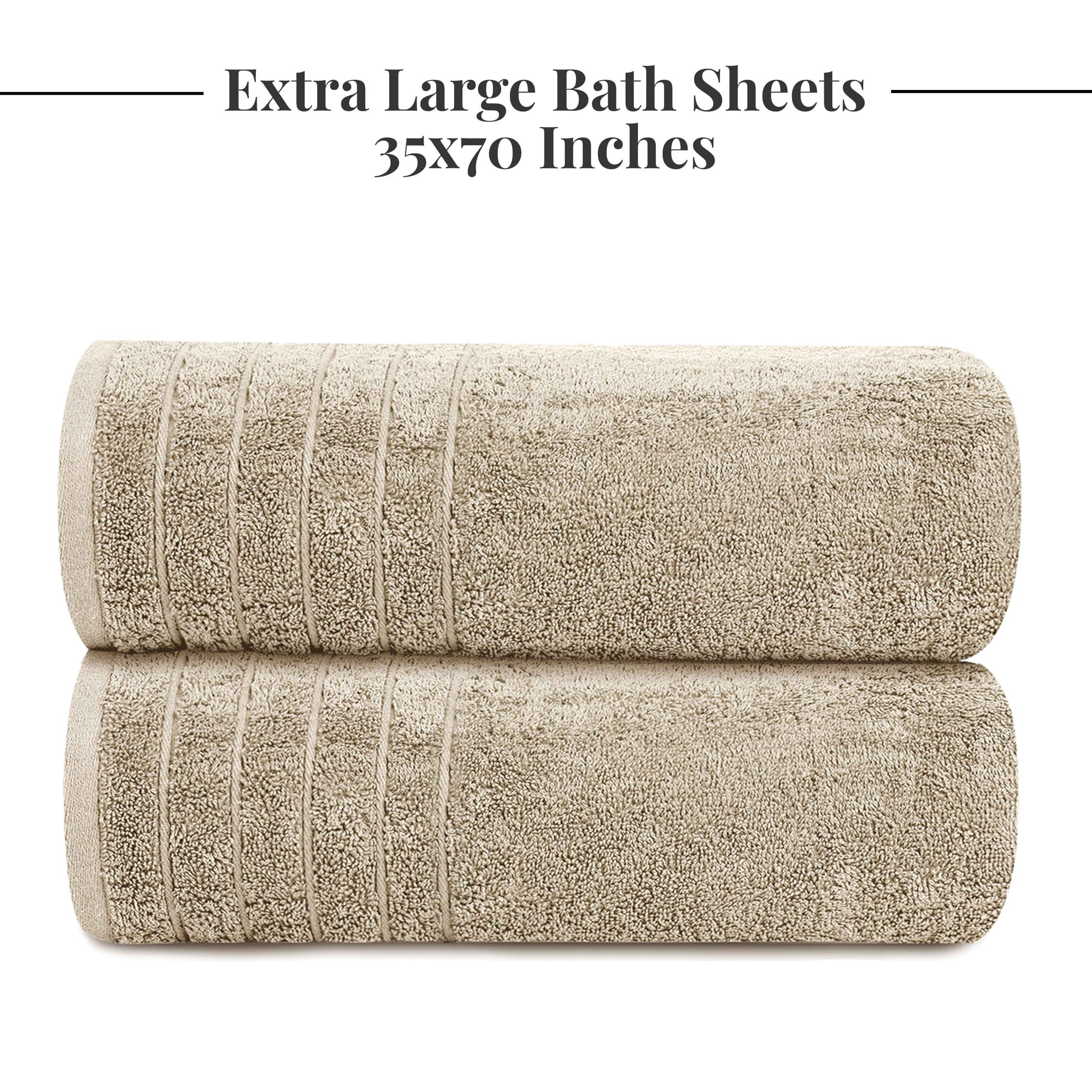 Tens Towels oversized beige bath sheet shown wrapped for use.