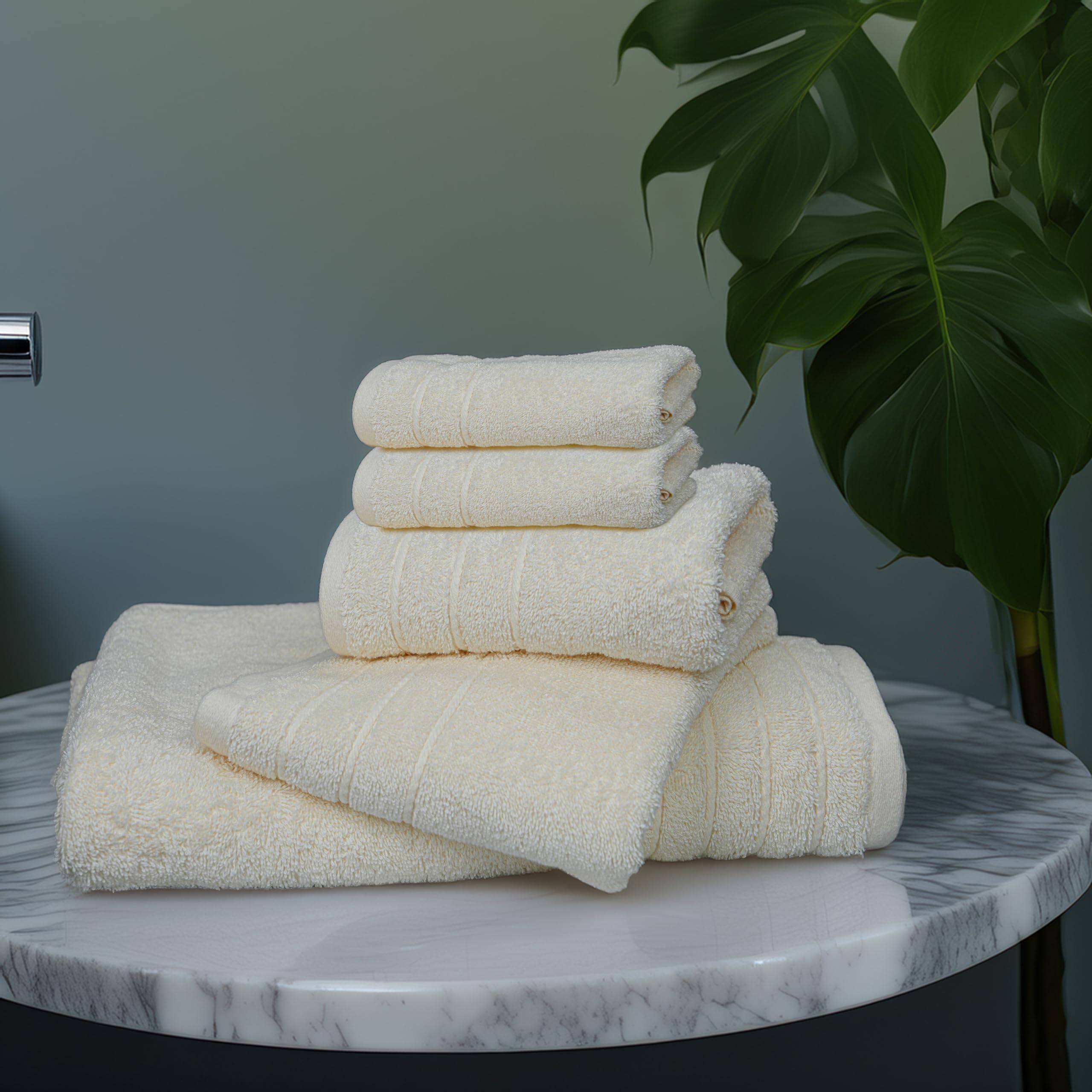 Cream color Tens Towels on a clean bathroom backdrop.