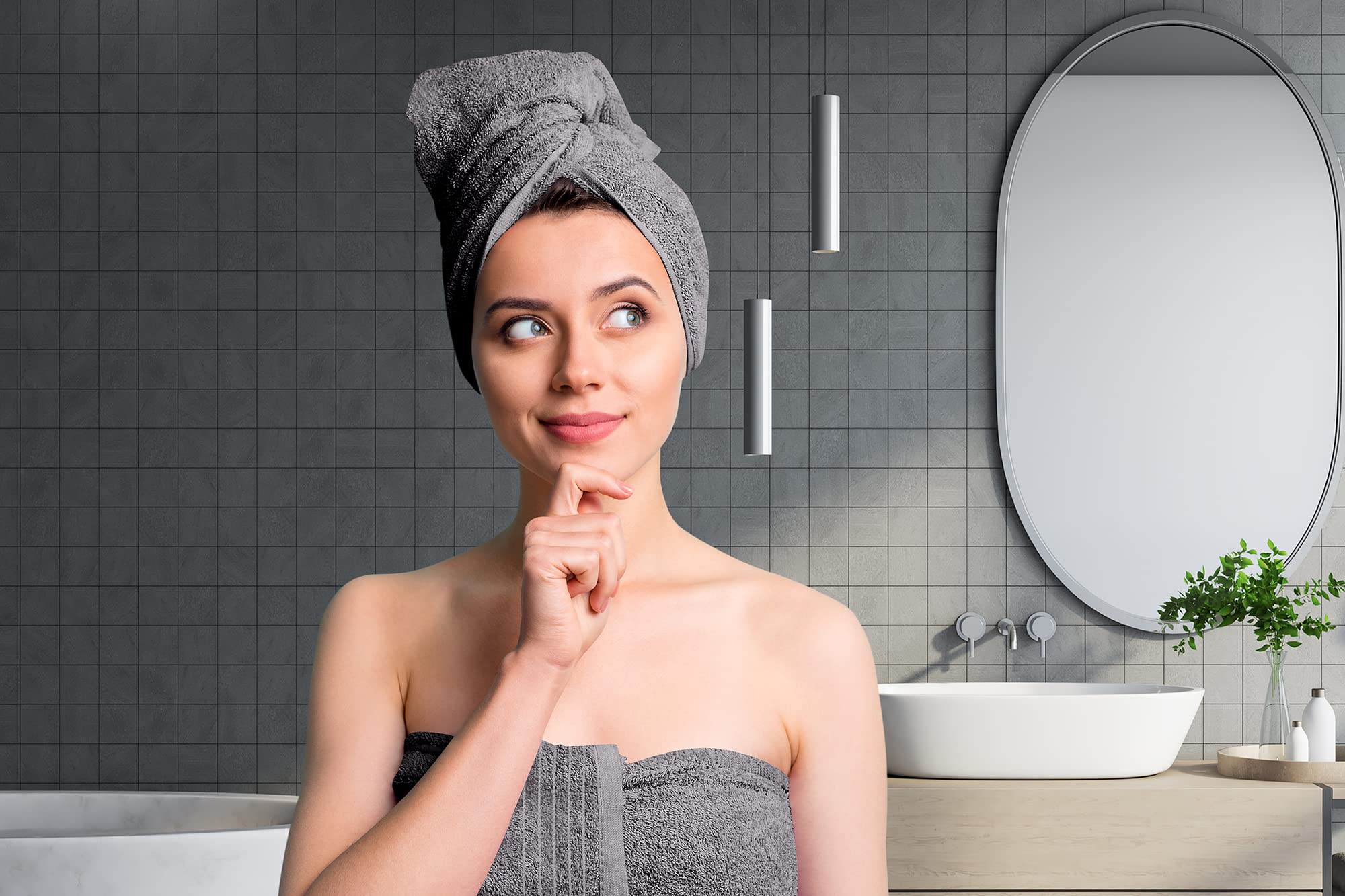 Tens Towels dark grey color adds a modern bathroom accent.
