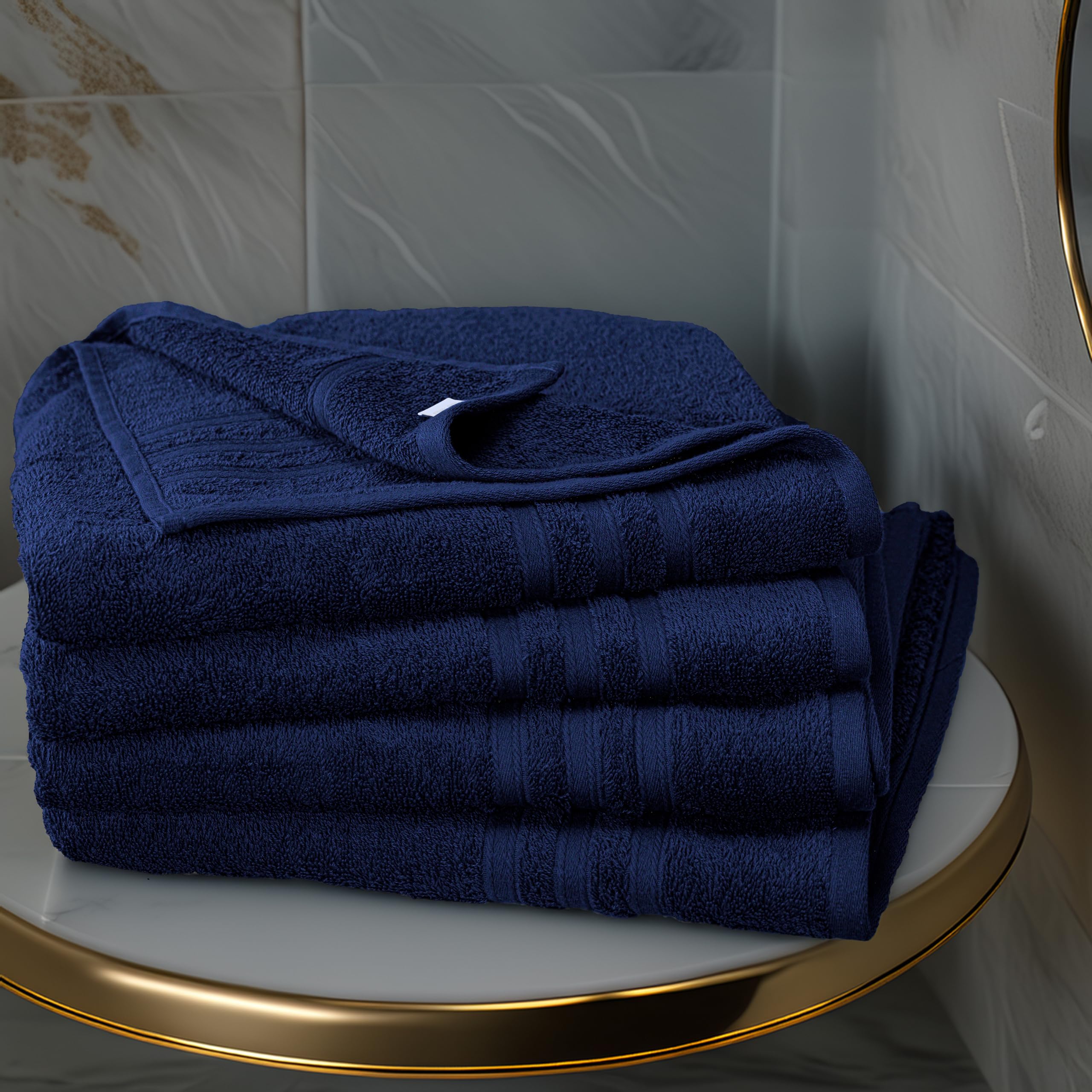 Eco-certified Tens Towels navy bath towels in green production setting