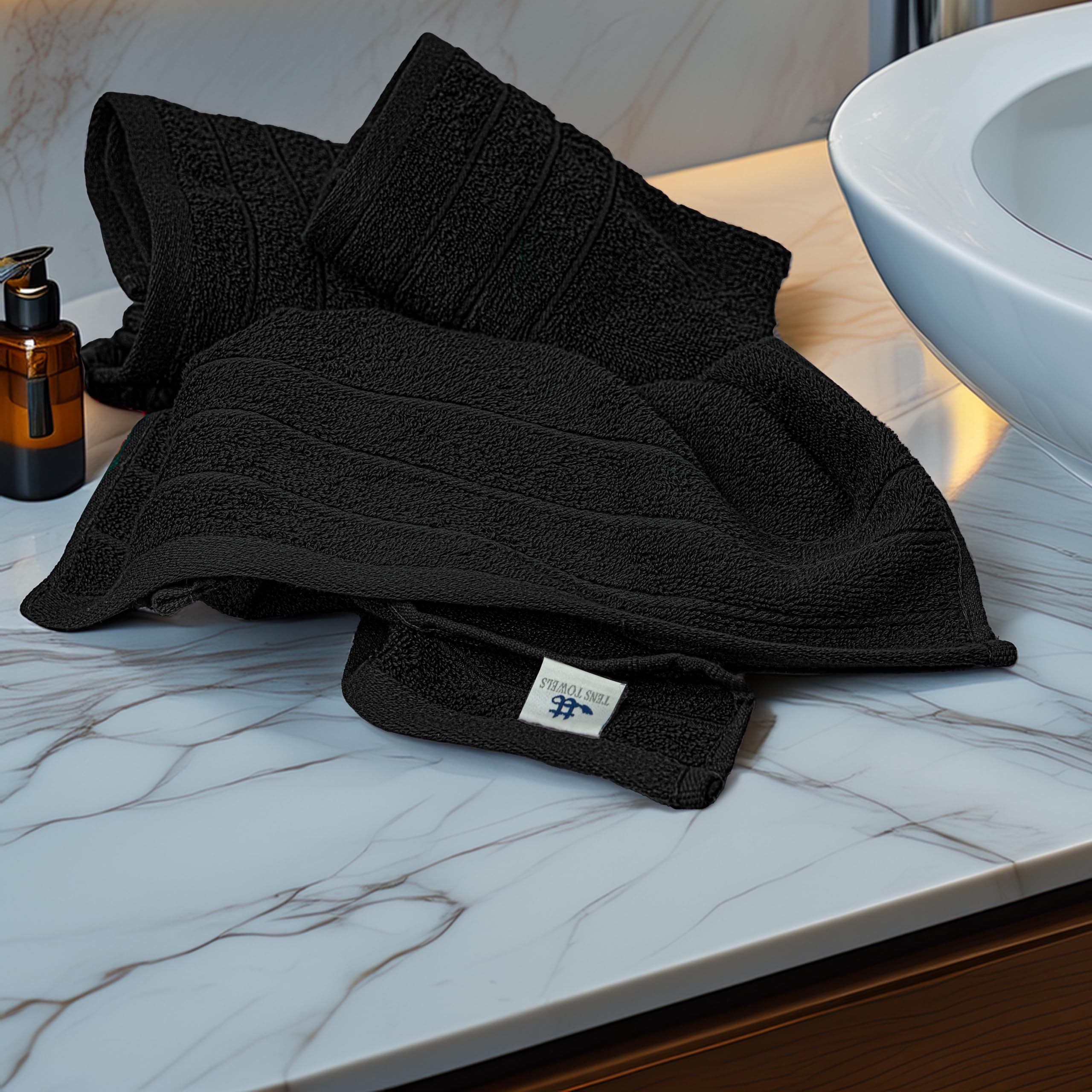 Tens Towels 16x28 hand towels displayed in bathroom rack for daily use.