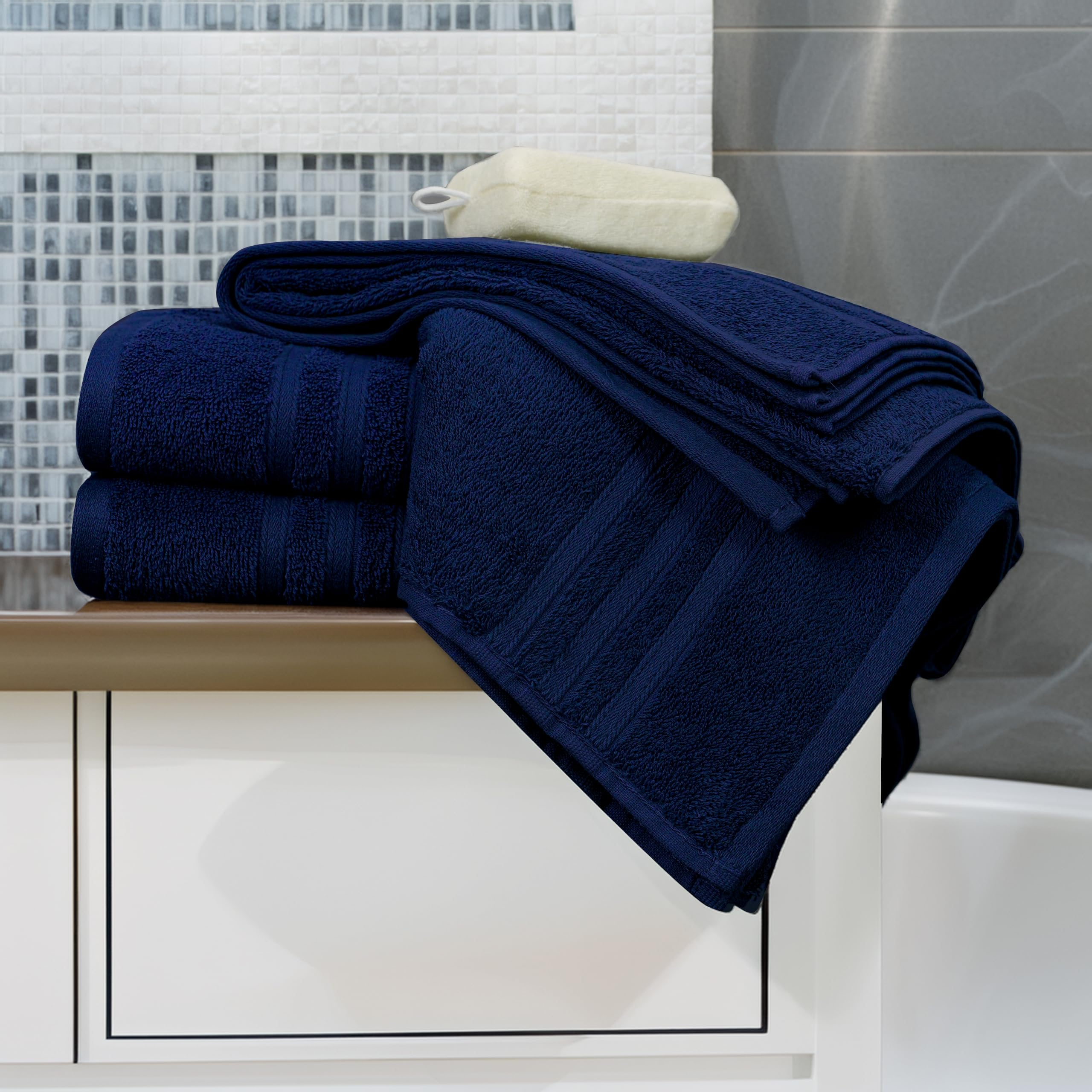 Machine washable cold wash Tens Towels navy towels in laundry room