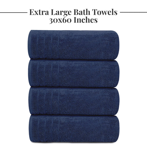 Tens Towels navy bath towels in a relaxed bathroom display.