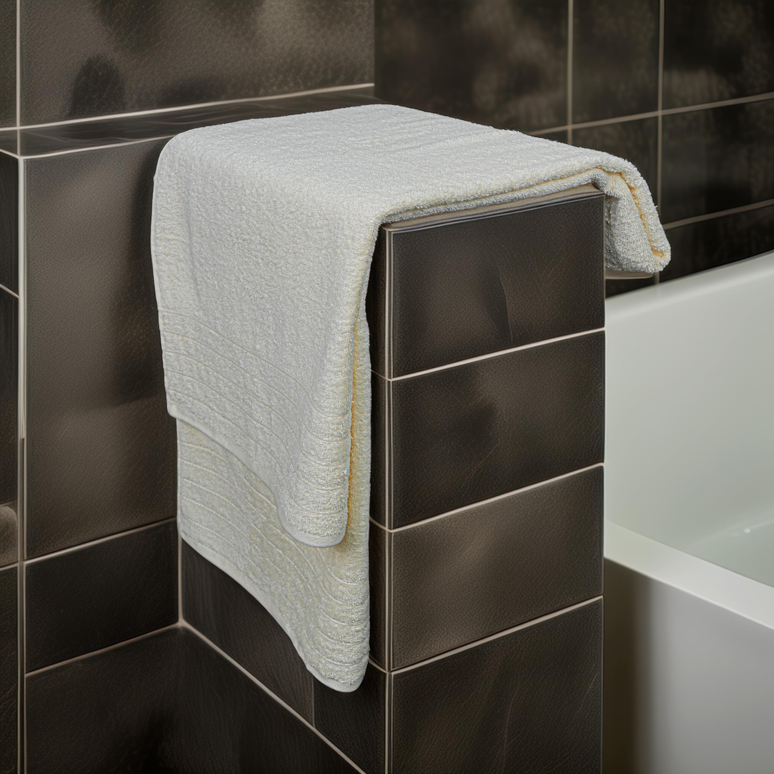 Tens Towels oversized bath sheet cream hanging shows ample wrap and air drying