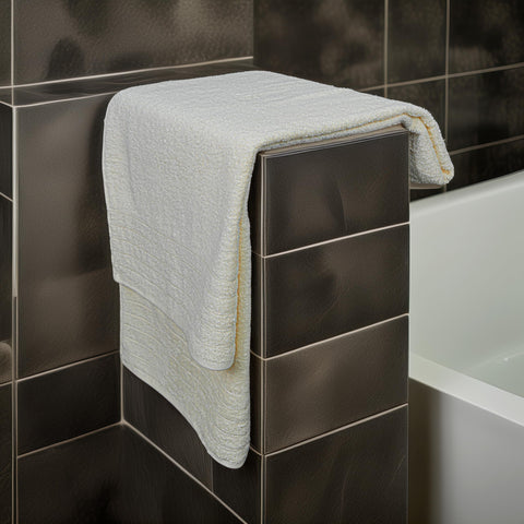 Tens Towels oversized bath sheet cream hanging shows ample wrap and air drying