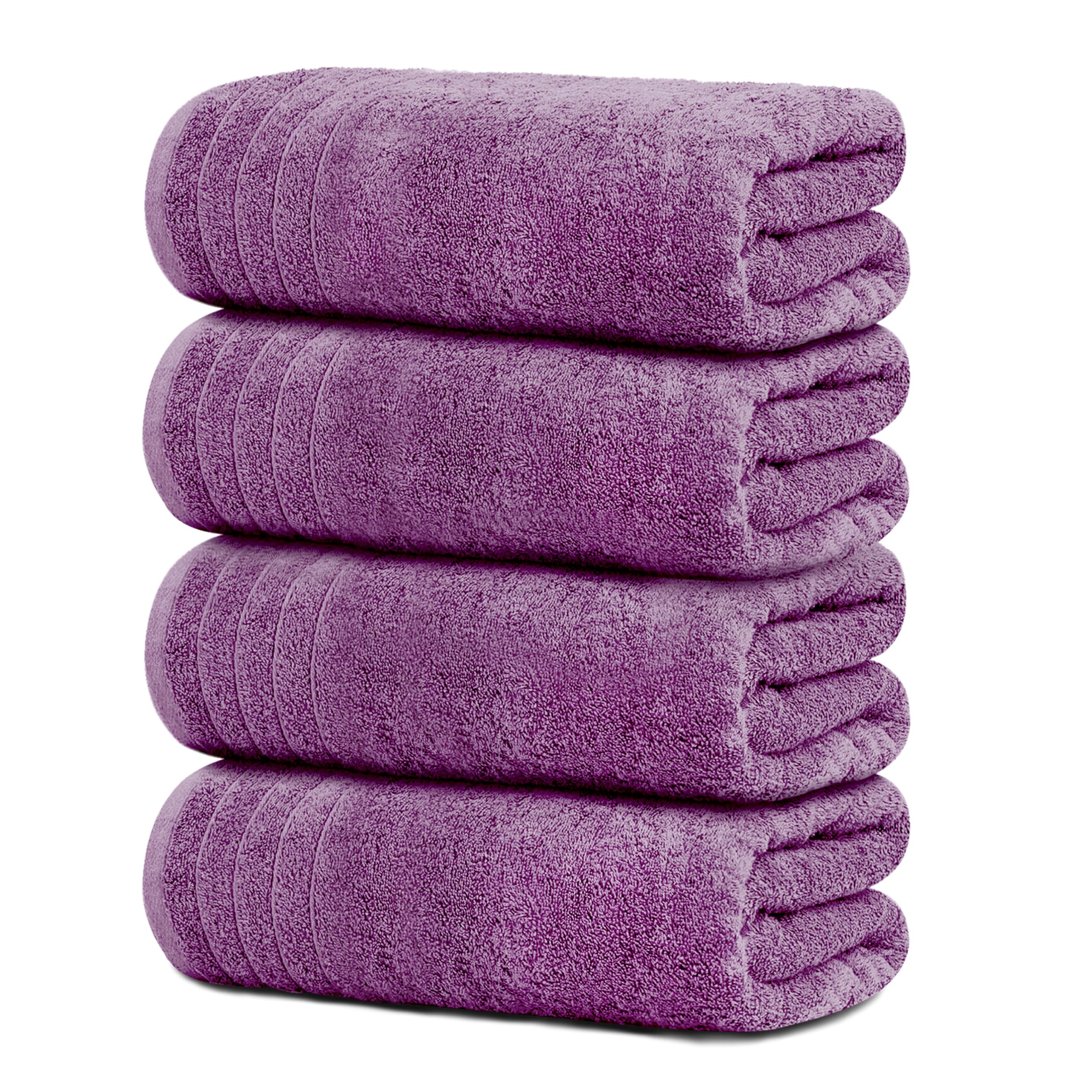 Tens Towels pack of four purple bath towels 30x60 inches, quick-drying and absorbent.