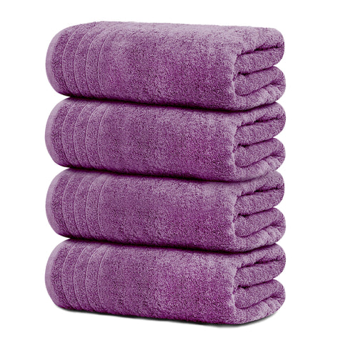 Tens Towels pack of four purple bath towels 30x60 inches, quick-drying and absorbent.