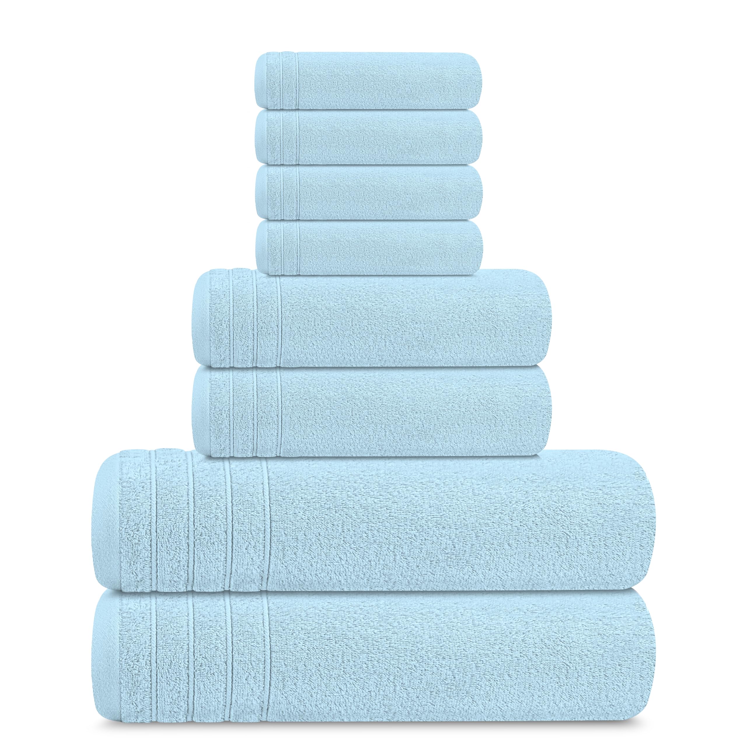Tens Towels sky blue towels on rack for bathroom styling.