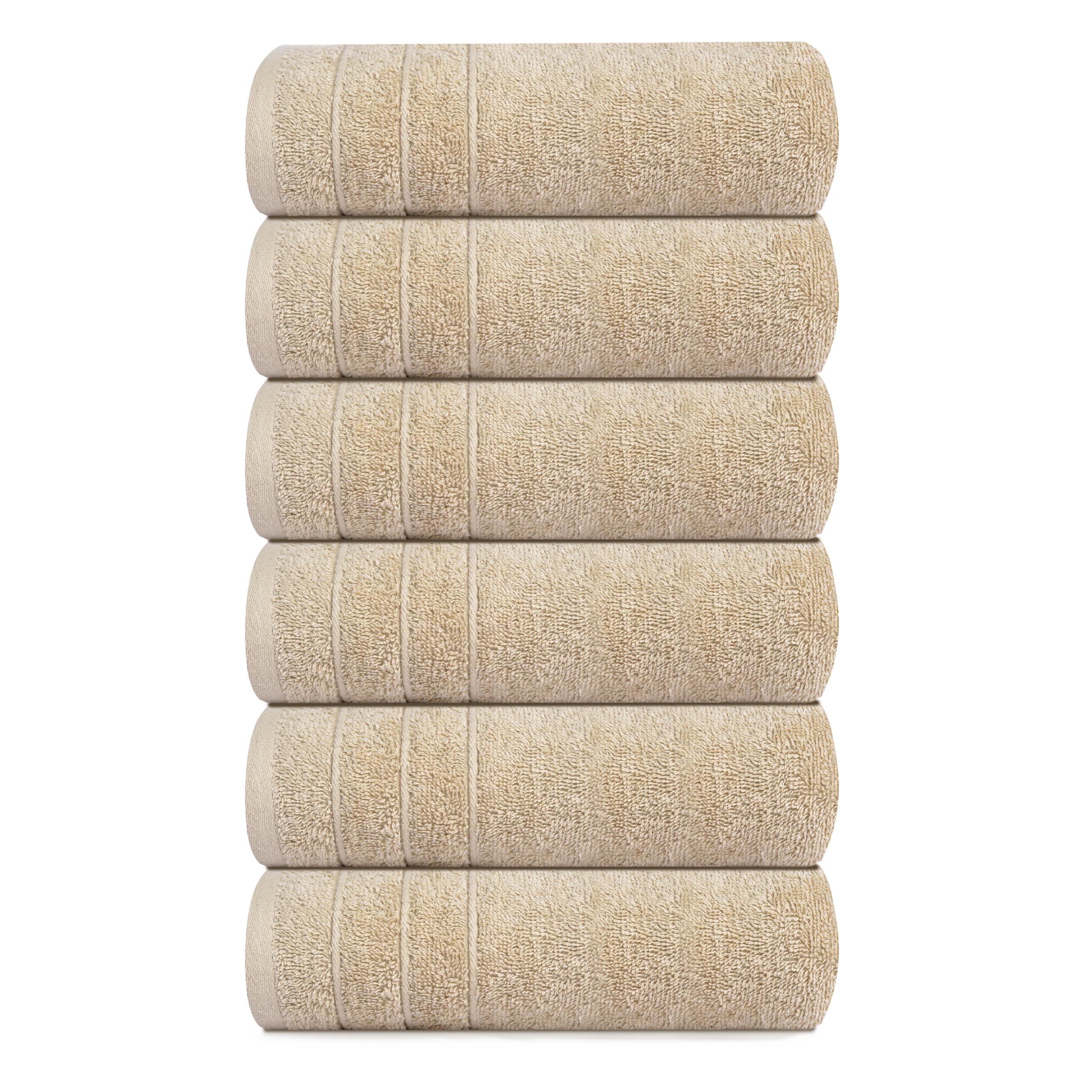 Beige six-pack Tens Towels maintain color and soft feel.