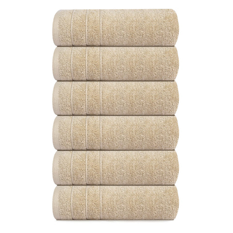 Beige six-pack Tens Towels maintain color and soft feel.