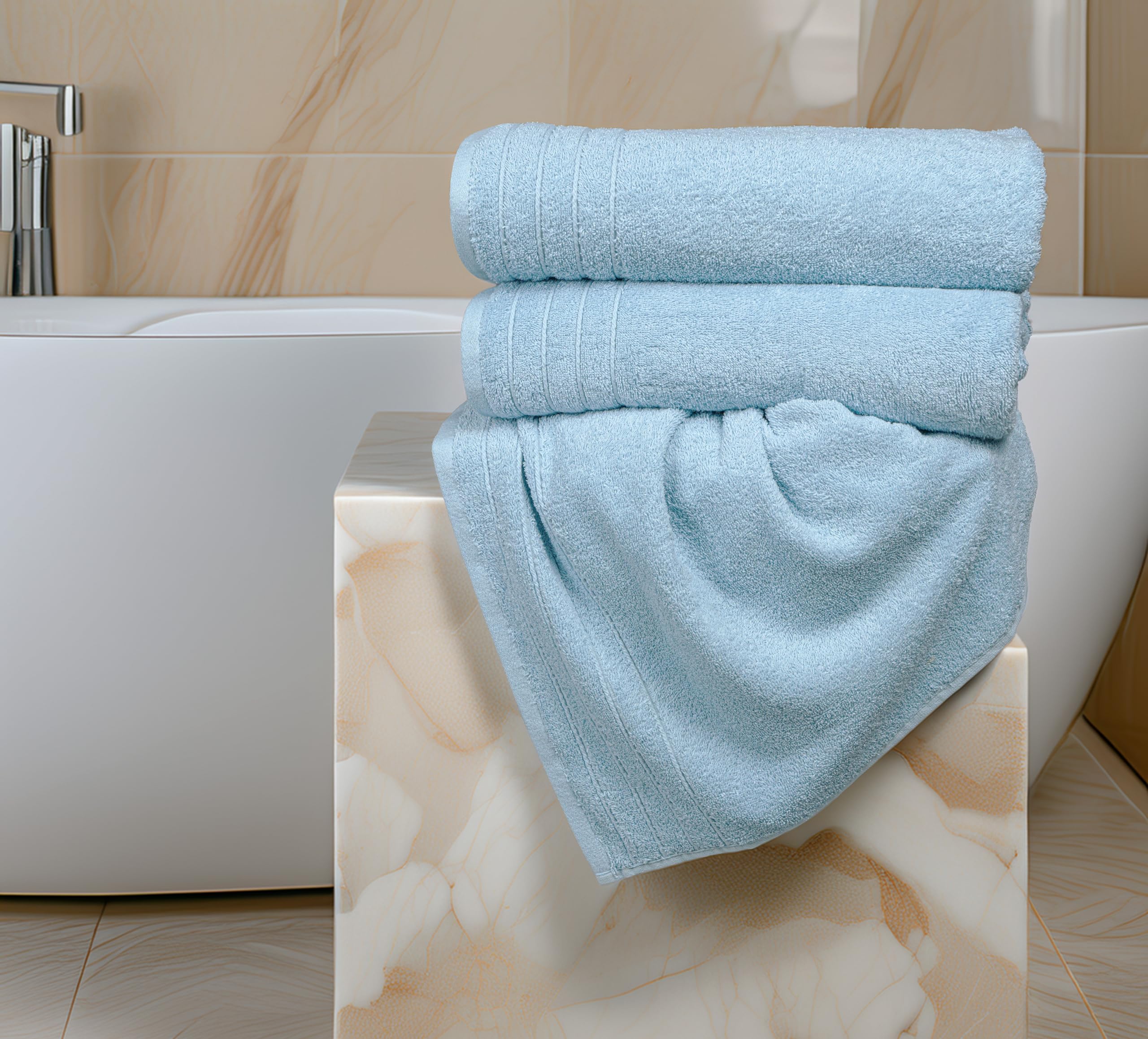 Sky blue Tens Towels folded to showcase color and size