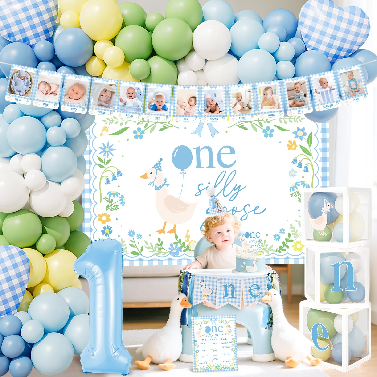 Three goose-themed balloon boxes to decorate a baby’s first birthday