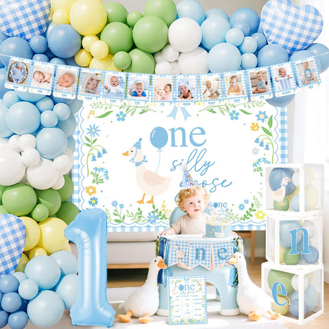 Three goose-themed balloon boxes to decorate a baby’s first birthday