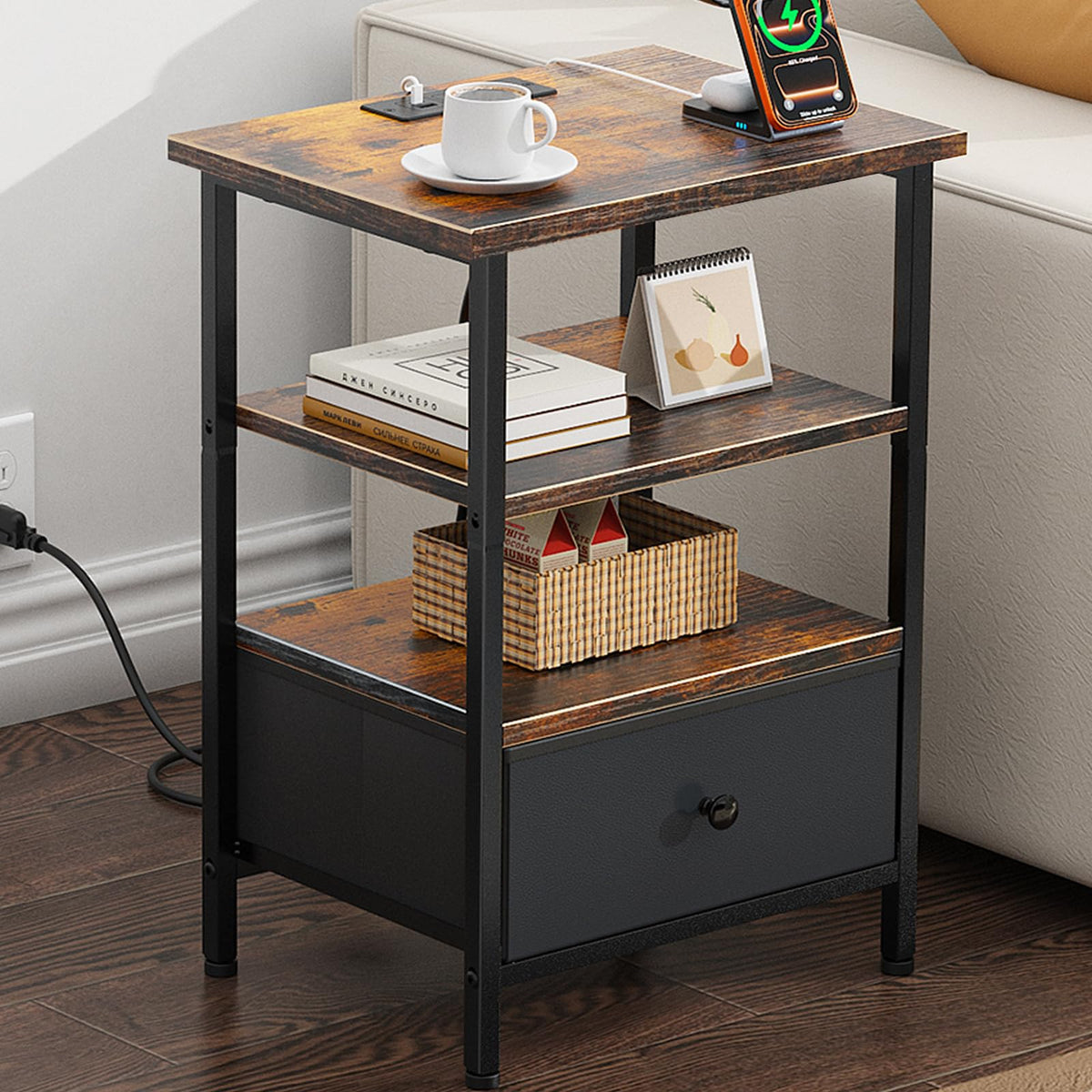 Tensirock side table with charging station powering bedside devices